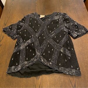 VTG Roaman’s 100% Silk Black Silver Beaded Short Sleeve Blouse Size Medium